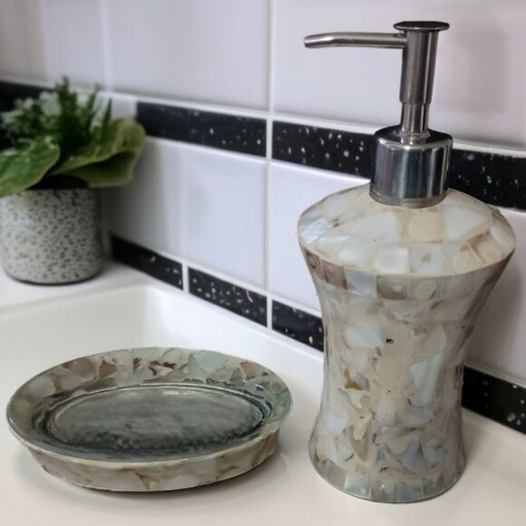 Capiz Shell Mosaic Soap Dispenser Set Of 2 Dish Mother Of Pearl Glass Bathroom.  - Picture 14 of 16
